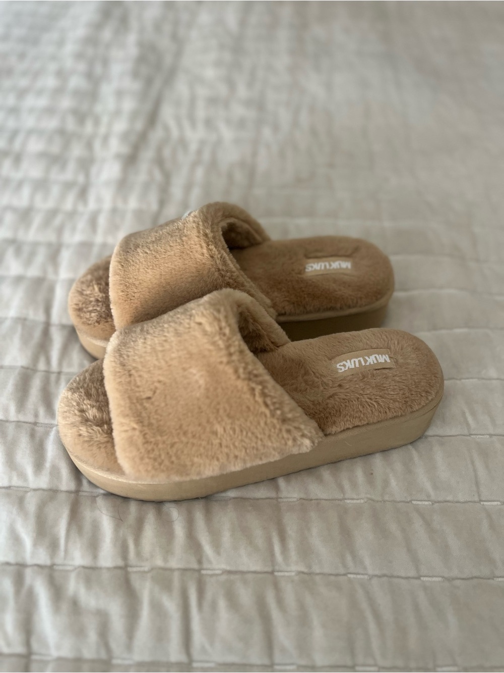 Muk Luks Tan Plush Slide Slippers
